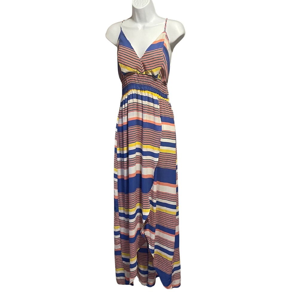 Womens Striped Boho Babydoll Smocked High-Low Maxi Dress Large Resortwear Beach
